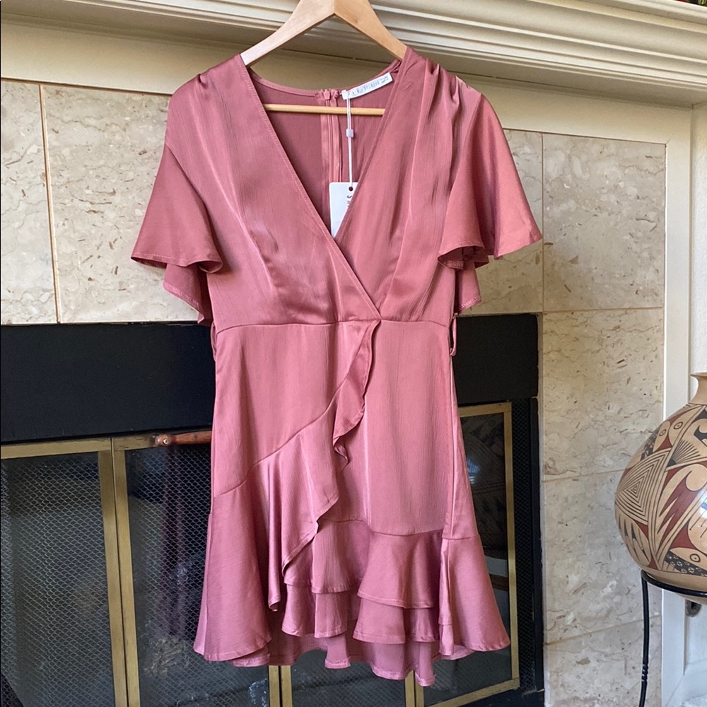Dusty Pink Peplum Mini Dress with Flutter Sleeves